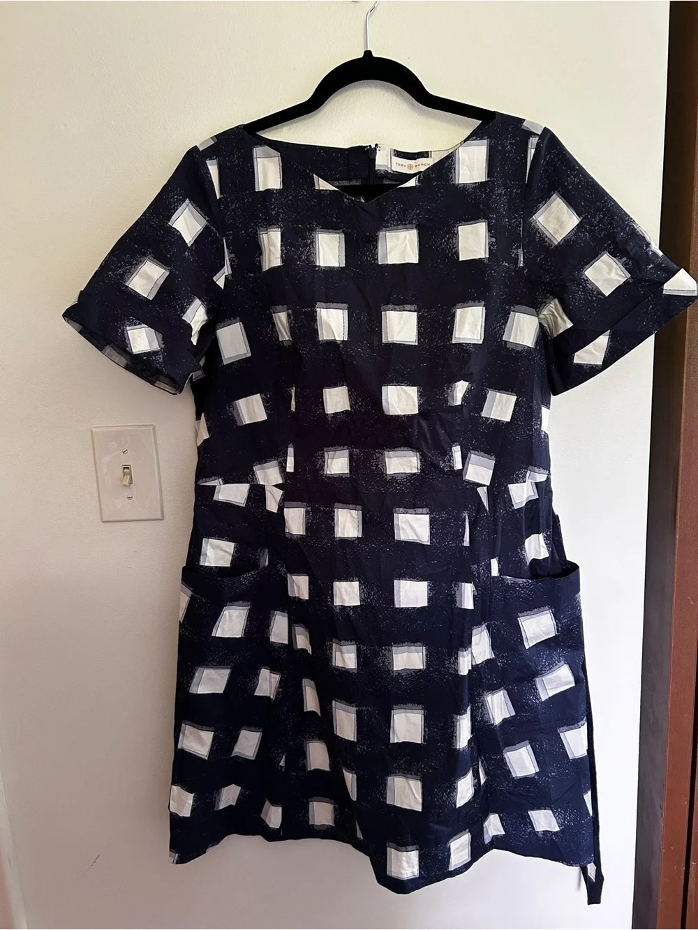 Tory Burch Navy and White Square-Print Short Sleeve Belted Dress Size 12